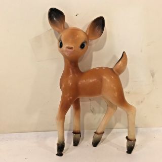 Vtg Mcm Hard Plastic Rubber Christmas Deer Bambi Figurinebig Blue Eye 7 " Tall
