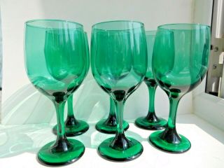 6 Vintage Libbey Wine Glasses Rich Green Marked L On Foot