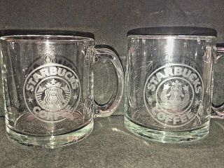 Set Of 2 Starbucks Clear Etched Glass Mermaid Logo Mug Cup 12 Oz Coffee/tea