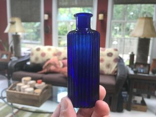 Antique Hand Blown Cobalt Blue Ribbed 2 Ounce Poison Bottle