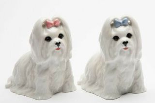 Porcelain Figurine Dog Salt Pepper Shakers Maltese White Puppy Statue Bow