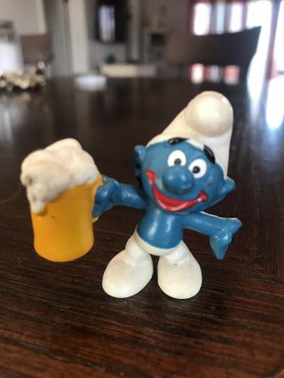 Vintage 1975 Smurf Beer Drinking Foam Frost On Glass Toy Figure Schleich Peyo