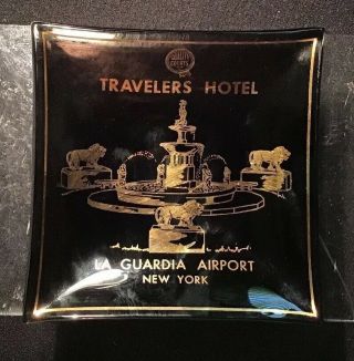 Vintage Travelers Hotel Advertising La Guardia Airport Ny Change Tray Glass