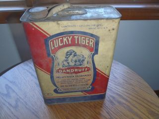 Rare Vintage Lucky Tiger Dandruff One Gallon Tin Can,  Advertising Can Lucky Tiger