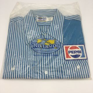 Vintage Pepsi Short Sleeve Work Shirt Mens Large Blue Striped Old Stock Ads