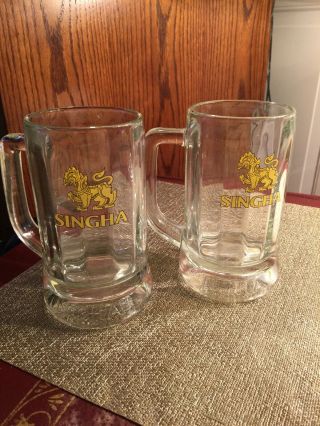 Pair (2) Singha Thai Beer Mugs Glass Steins Embossed Dragon 6” Tall 12 Oz
