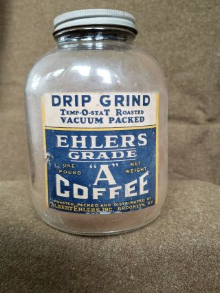 ✓ Vintage Ehlers Grade A Coffee Glass Jar ✓orig Lid ✓advertising ✓paper Label