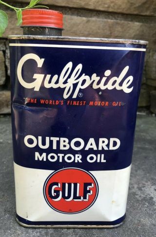 Vtg Gulf Gulfpride Outboard Motor Oil 1 Quart Oil Can Boat Gas & Oil Station