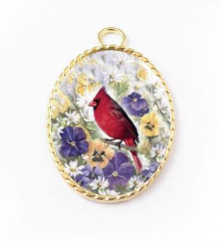 Red Cardinal Bird Pansy Porcelain Cameo Pendant Handmade Gold Plated Jewelry