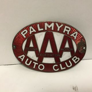Vintage Porcelain Aaa Palmyra Gas And Oll Sign License Plate Topper Die Cut Oval