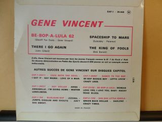 GENE VINCENT.  BE BOP A LULA 62.  FRENCH CAPITOL 4 TRACK EP.  7 