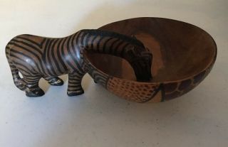 Hand Carved Wooden Bowl With Zebra Handle Handmade In Kenya