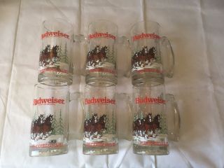 Six (6) Budweiser Clydesdale Horses Wagon Beer Glass Mug 1989 Product 12 Ounce