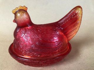 Vintage Glass Red Chicken Hen On Nest Candy Dish 7  L,  5 1/2 W,  6 Tall