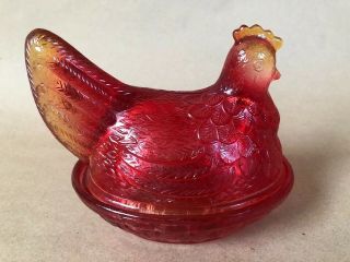 Vintage Glass Red Chicken Hen on Nest Candy Dish 7  L,  5 1/2 w,  6 tall 2