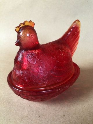 Vintage Glass Red Chicken Hen on Nest Candy Dish 7  L,  5 1/2 w,  6 tall 3