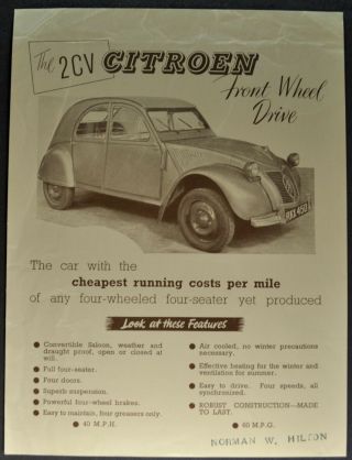 1951 - 1952 Citroen 2 Cv Sales Brochure Sheet