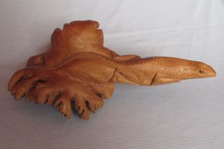 Vintage Hand Carved Mushroom Wood Realistic Lizard Sculpture