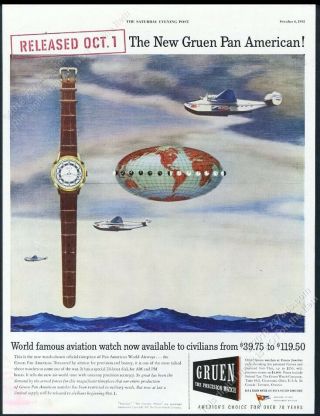 1945 Gruen Pan American Panam Watch Pan Am Plane Art Vintage Print Ad