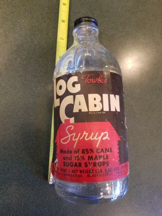 Vintage Towles Log Cabin Syrup Bottle Metal Lid Paper Label 40 