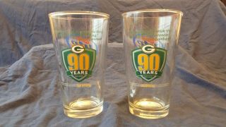 Green Bay Packers Miller Lite Set Of 2 Football 90 Years Pint Bar Beer Glasses
