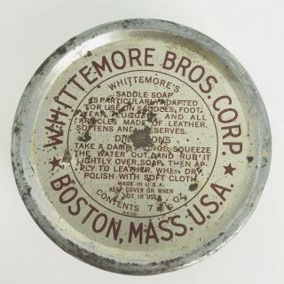 Whittemore ' s Saddle Soap Tin 7oz Brown White Boston Mass 6