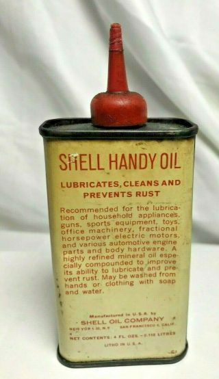 Antique SHELL Handy Oil 4 Oz Can - Vintage Household Oiler Tin Rare Design (A006) 2