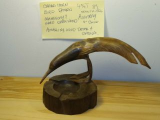 Vintage Artwork Hand Craved Horn Raven? Bird Figure Mahogany Wood Ashtray
