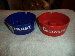 Vintage Budweiser And Pabst Blue Ribbon Plastic Round Ashtray 3 3/4 " Diameter