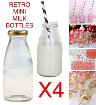 4x Pack 250ml Retro School Mini Milk Glass Bottles Vintage Home Decor Vase