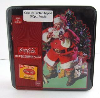 Puzzle Jigsaw Coke Coca Cola 500 Pc Santa Shaped Metal Container 2002 Vtg