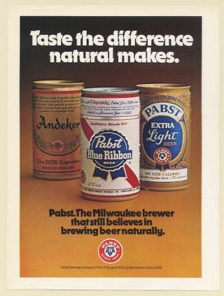 1979 Pabst Blue Ribbon Andeker Pabst Extra Light Beer Cans Natural Brewed Ad