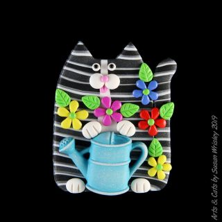 Silver Gray Tabby Kitty Cat With Watering Can & Flowers Pin - Swris
