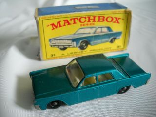 Vintage 1965 Matchbox 31 Turquoise Lincoln Continental W/ E3 Box Very Good