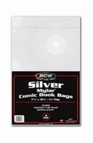 100 Bcw Silver Age / Era 4 - Mil Comic Book Mylar Bags,  Acid Backer Boards