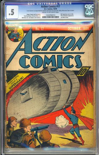 Action Comics 17 Unrestored Early Superman Cover DC Comics 1939 CGC.  5 3