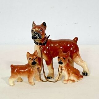 Vintage Ceramic Boxer Dogs Family Mother And Pups With Chains Set Of 3 Japan