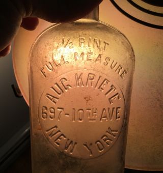 Antique Aug Kriete Ny Half Pint Flask Liquor Whiskey Bottle 697 10th Ave Address