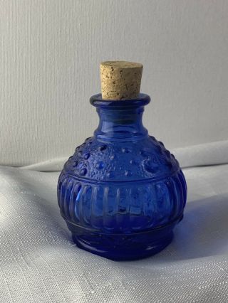 Round Cobalt Blue Glass Ink Bottle Embossed Design W/ Cork Stopper