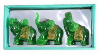 Feng Shui Set of 3 Green Jade Elephant Trunk Statues Wealth Figurine Home Decor 2