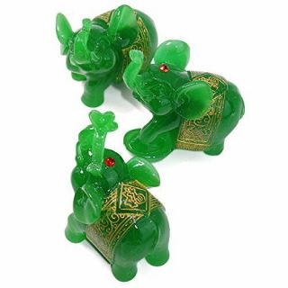 Feng Shui Set of 3 Green Jade Elephant Trunk Statues Wealth Figurine Home Decor 4