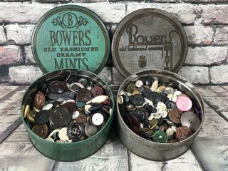 2 Vtg Bowers Old Fashion Creamy Mints Tin With Vintage Buttons Huge Variety