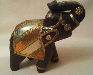 Vtg Solid Wood Carved Brass Elephant Figurine