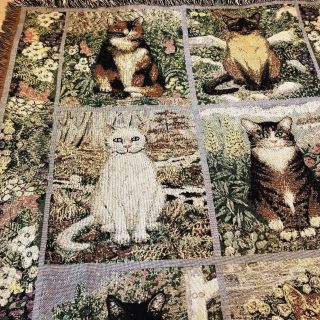 Garden Cats Tapestry Throw Blanket Afghan With Kitties And Flowers