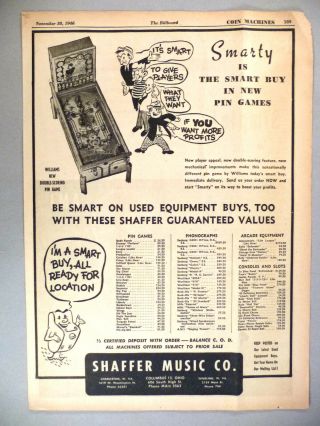 Smarty Pinball Game Print Ad - 1946 Shaffer Music Co.  Williams Arcade