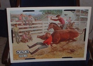 Acme Boots Advertising John Clymer Cowboy Scene Steer Wrestling 22 1/2 X 161/2 "