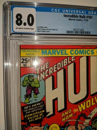 THE INCREDIBLE HULK 181 (Wolverine 1st appearance) CGC 8.  0 VF Marvel Comic 1974 2
