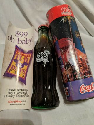 Walt Disney 100 Years Of Magic Coca Cola Bottle And Cardboard Tube No Lid