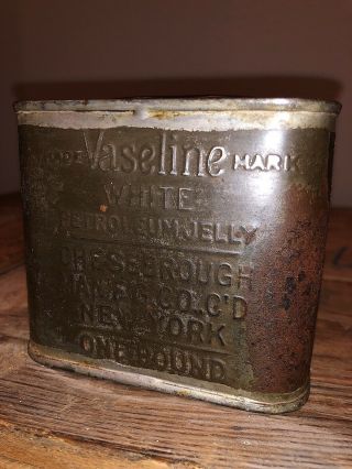 Antique Hand Soldiered Tin Very Rare One Of The First Vaseline 1lb W Partial Lbl