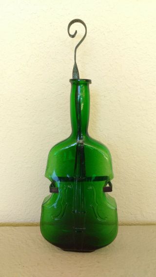 Vintage Green Blown Glass 9 1/2 " Violin Shaped Bottle With Wall Hanger